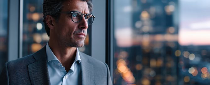 Ejecutivo reflejando la soledad del liderazgo y el agotamiento mental profesional.