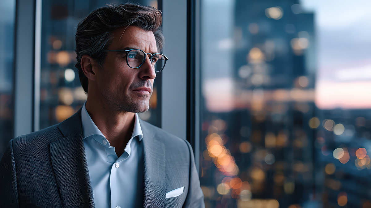 Ejecutivo reflejando la soledad del liderazgo y el agotamiento mental profesional.