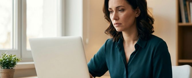 Mujer con expresión de agotamiento frente al ordenador, representando los síntomas de la ansiedad funcional