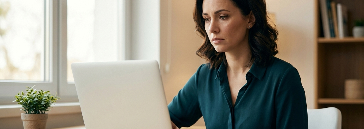 Mujer con expresión de agotamiento frente al ordenador, representando los síntomas de la ansiedad funcional