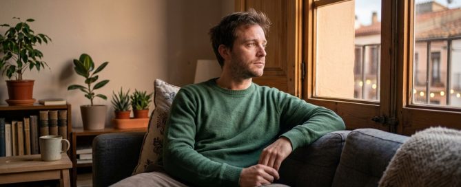 Hombre con expresión de tristeza contenida mirando al vacío en entorno doméstico, representando el duelo emocional silencioso por pérdidas no reconocidas