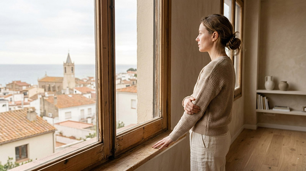 duelo-emocional-mujer-ventana-ausencia-yomeayudo Mujer de perfil mirando por la ventana con expresión ausente y pensativa, representando el duelo emocional silencioso por pérdidas no reconocidas