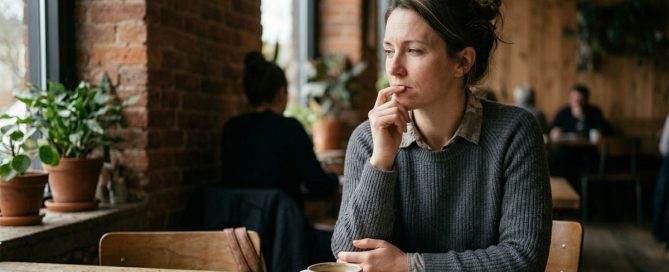 Mujer con expresión de duda y tensión contenida representando el miedo a decepcionar y la dificultad para elegirse a una misma