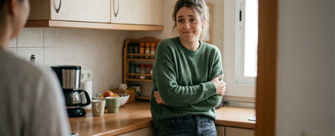 Mujer con expresión de disculpa anticipatoria y postura encogida en entorno cotidiano, representando el patrón de pedir perdón constantemente sin motivo.