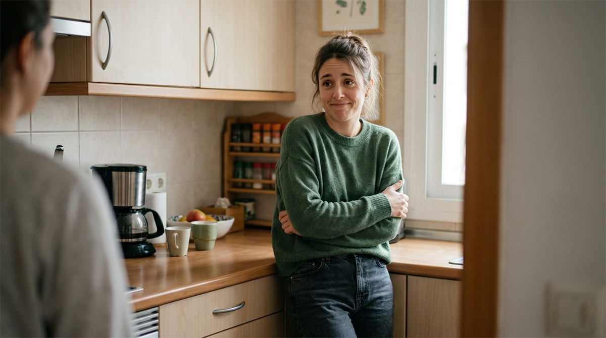 pedir-perdon-constantemente-mujer-disculpa-yomeayudo Mujer con expresión de disculpa anticipatoria y postura encogida en entorno cotidiano, representando el patrón de pedir perdón constantemente sin motivo.