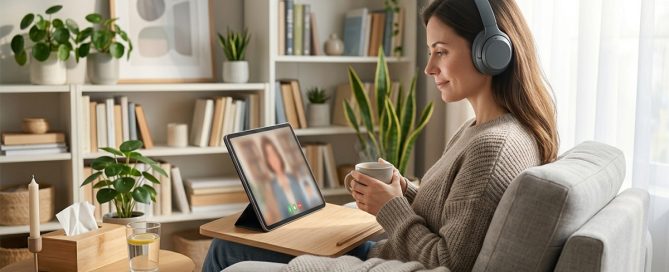 Mujer preparando su espacio para una sesión de psicología online en casa.