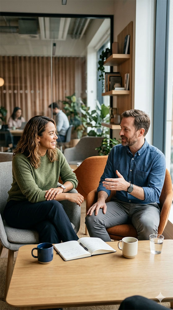 Dos profesionales en conversación tranquila y cercana en entorno de trabajo, representando la escucha activa y el apoyo emocional en el ámbito laboral