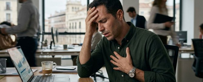 Hombre sintiendo opresión en el pecho por síntomas físicos de la ansiedad y estrés laboral en una oficina de Madrid. Imagen para post de psicólogo online yomeayudo .