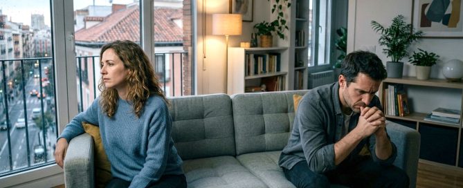 Pareja en crisis sentada en un sofá mostrando distancia emocional. Terapia de pareja online en Madrid para salvar la relación - Yo Me Ayudo.