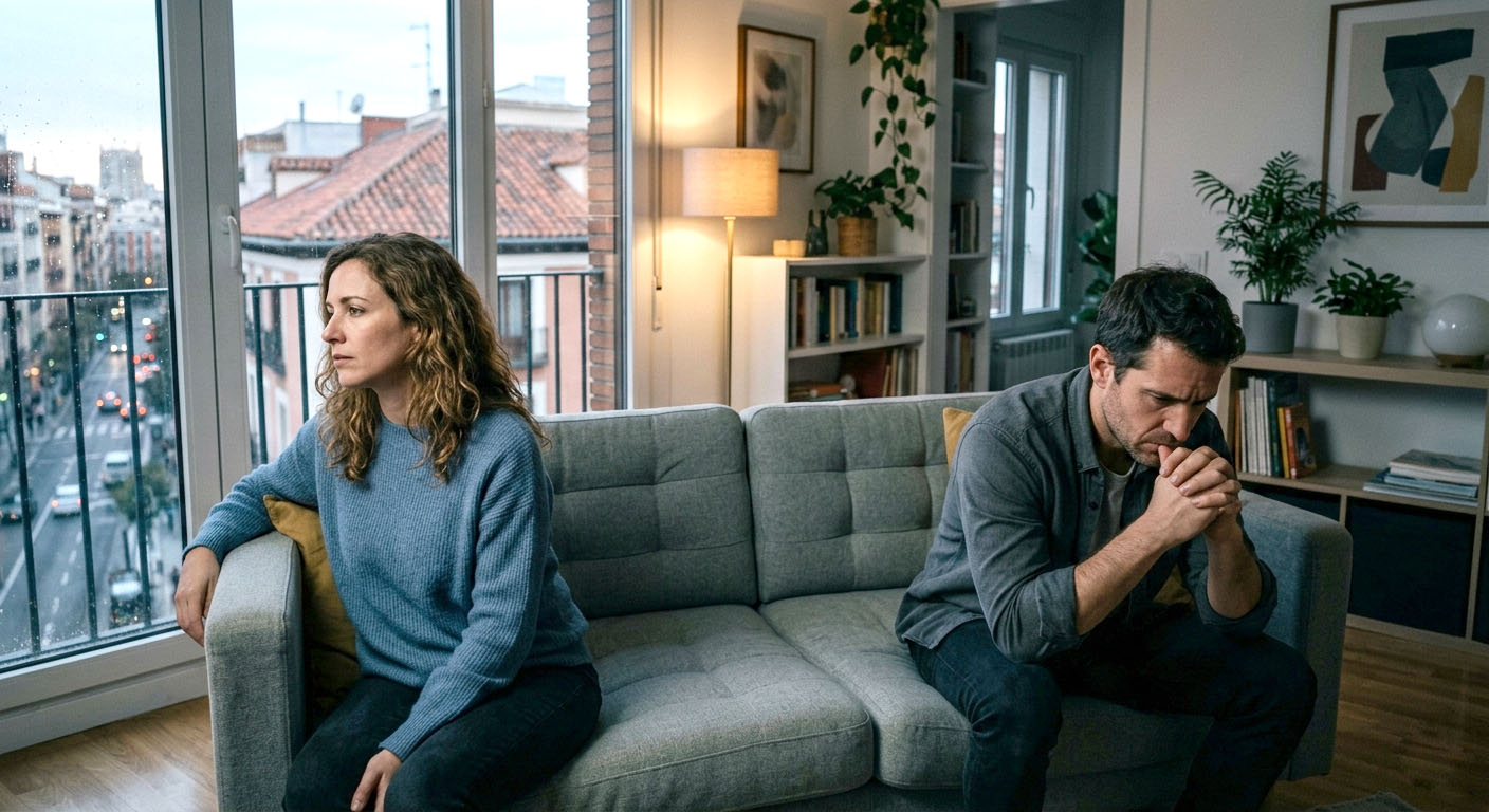 Pareja en crisis sentada en un sofá mostrando distancia emocional. Terapia de pareja online en Madrid para salvar la relación - Yo Me Ayudo.
