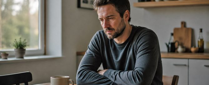 Hombre de unos 35 años sentado en la cocina con expresión pensativa y contenida, representando la crisis vital silenciosa de los 30 y los 40