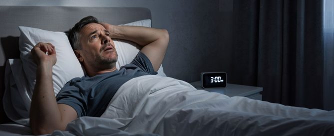 Persona despierta en la cama de noche con insomnio por ansiedad y pensamientos que no paran
