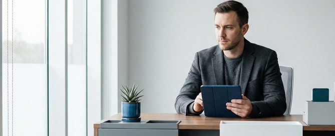 Profesional en su oficina experimentando dudas sobre su capacidad debido al síndrome del impostor.
