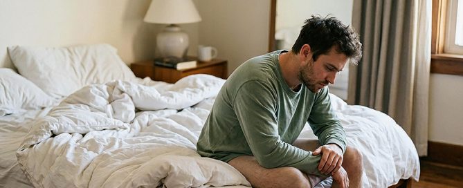 Persona sufriendo ansiedad matutina y la taquicardia al despertar sentada al borde de la cama por la mañana