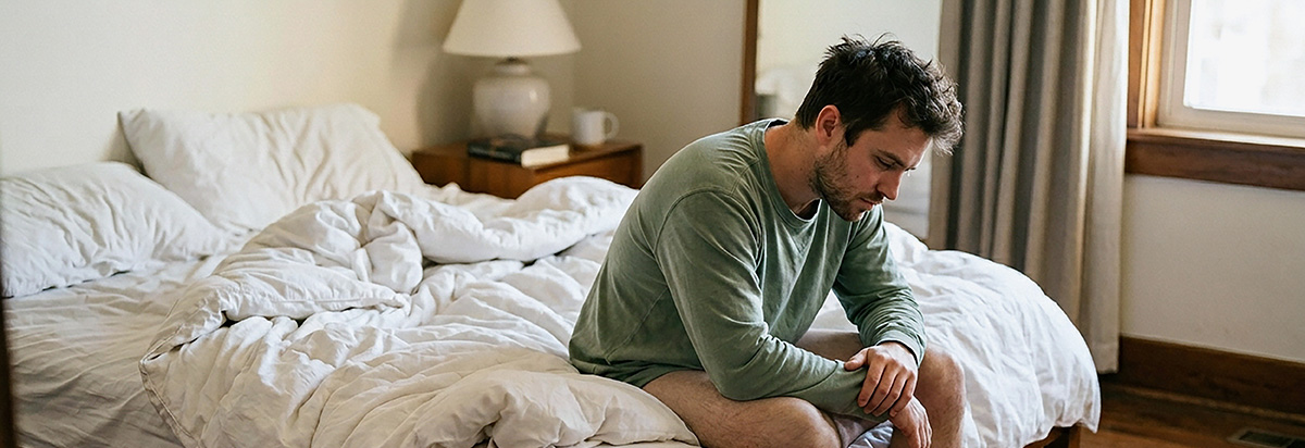 Ansiedad al despertar matutina Persona sufriendo ansiedad matutina y la taquicardia al despertar sentada al borde de la cama por la mañana