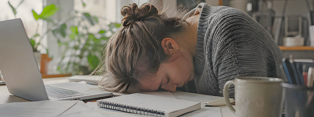Estudiante agotado frente a libros y ordenador con expresión de agotamiento mental representando el burnout académico