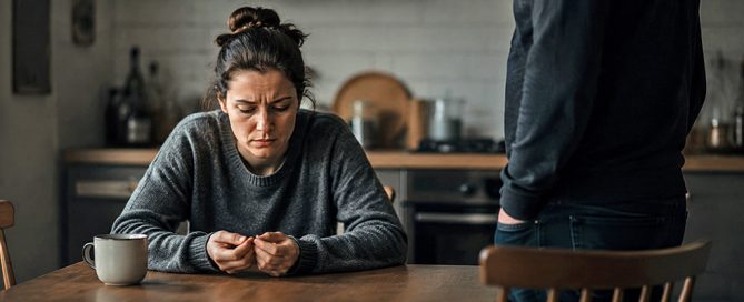 Mujer con expresión confundida y agotada que experimenta gaslighting o manipulación emocional en su relación de pareja