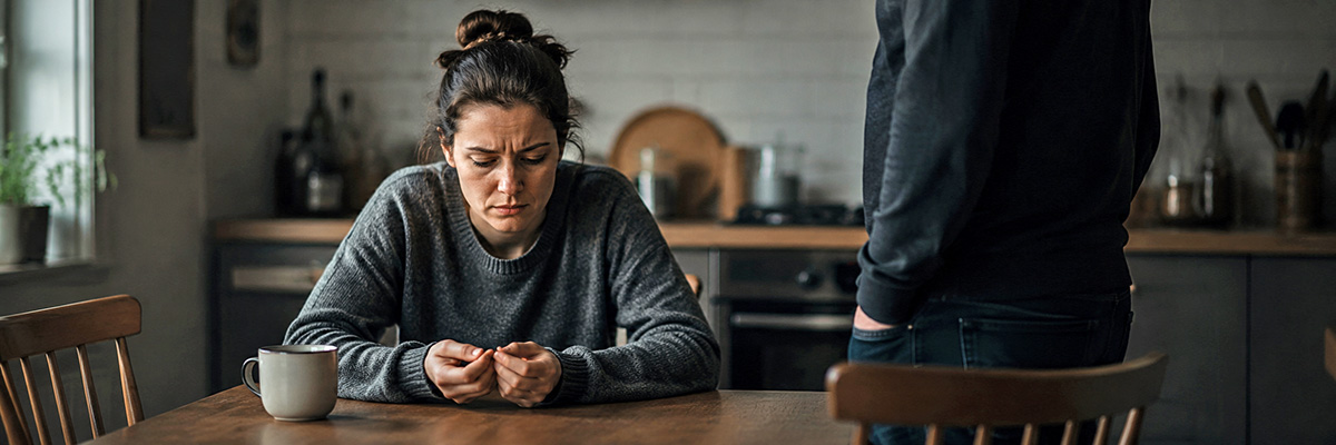 Mujer con expresión confundida y agotada que experimenta gaslighting o manipulación emocional en su relación de pareja