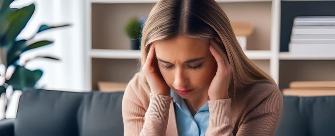 Persona con expresión de agotamiento mental sentada sola, representando los pensamientos obsesivos y la incapacidad de dejar de pensar en algo.