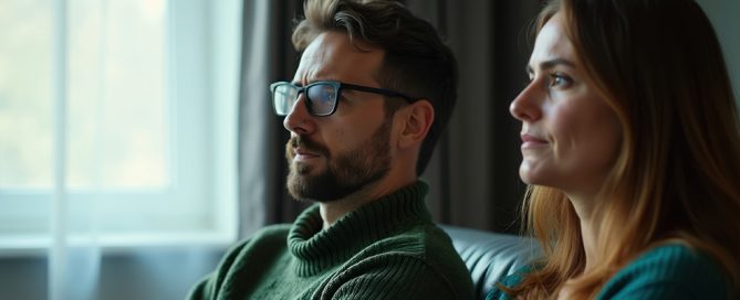Pareja sentada junta en el sofá pero emocionalmente distante, representando la distancia emocional en pareja y el silencio que sustituye a la comunicación real