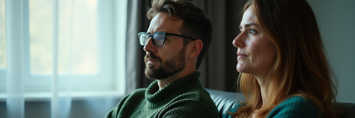 psicologo-online-distancia-emocional-pareja-silencio-desconexion.jpg Pareja sentada junta en el sofá pero emocionalmente distante, representando la distancia emocional en pareja y el silencio que sustituye a la comunicación real