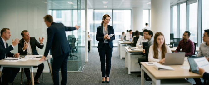 Mando intermedio sintiendo la presión desde dirección y desde su equipo, representando el burnout de mandos intermedios