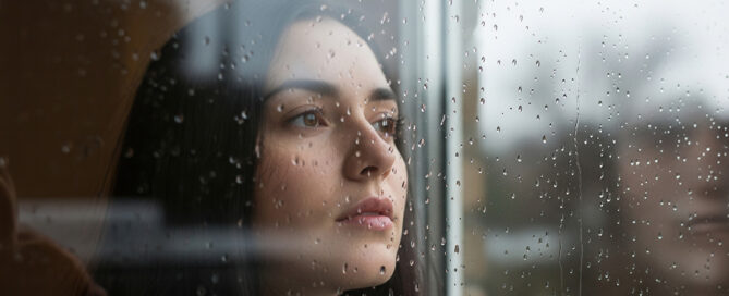 Persona apagada junto a una ventana en una tarde gris de otoño, representando la depresión estacional